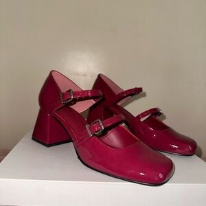 Charles & Keith Patent Double-Strap D'Orsay Pumps in Burgundy